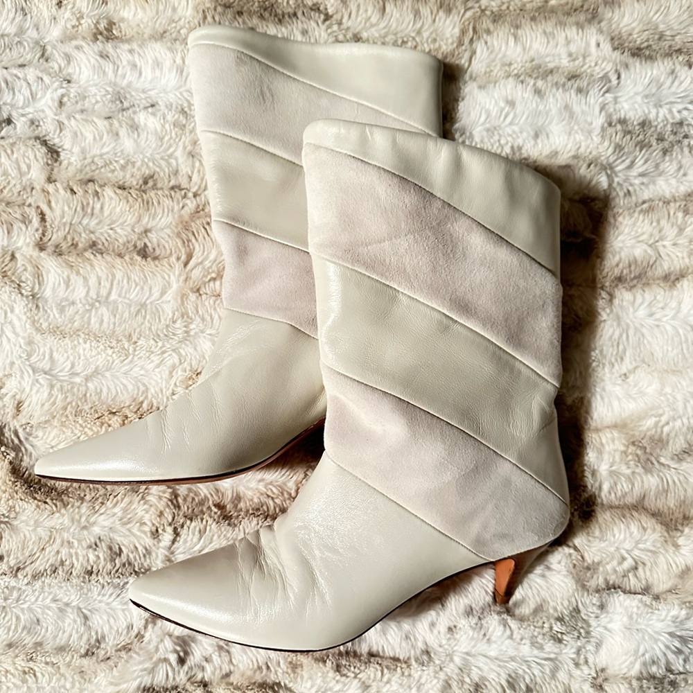 Ba&sh Slouch Boots W/ Kitten Heel Luxurious Soft Leather Winter off White Sz 38